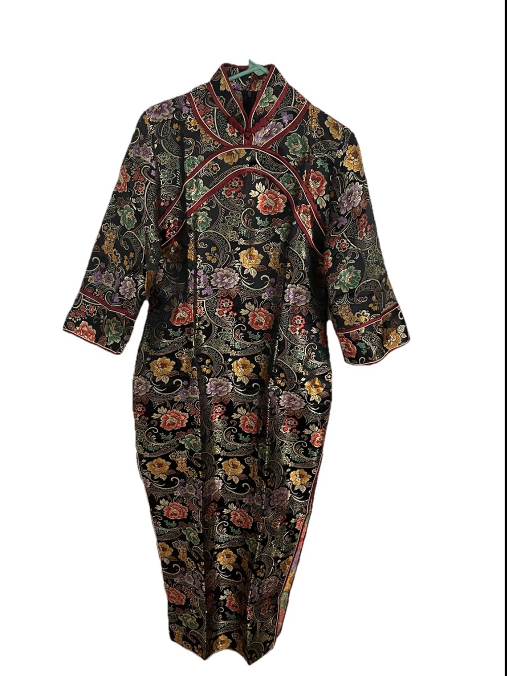 Black Floral Brocade Cheongsam-Style Maxi Dress
